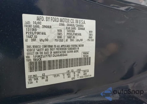 2003 Ford Explorer Sport Trac Xls/Xlt из США, поврежденный, VIN 1FMZU77E13UA40344